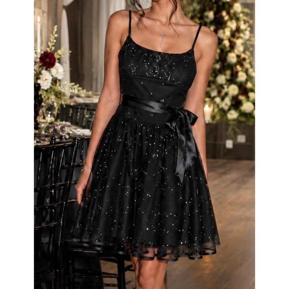 Vintage Y2K Taboo Black Sparkle satin bow Tulle Dress babydoll Y2K retro fairy S